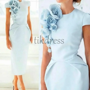 Elegant Blue Mother Of The Bride Dress 2025 Sheath Tea Length Florals Wedding Guest Dress Short Sleeve Formal Evening Birthday