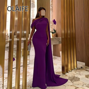 Classic One Shoulder Satin Formal Evening Party Dres Open Back Sheath Sexy Evening Arab Gown with Sweep Trian Customized