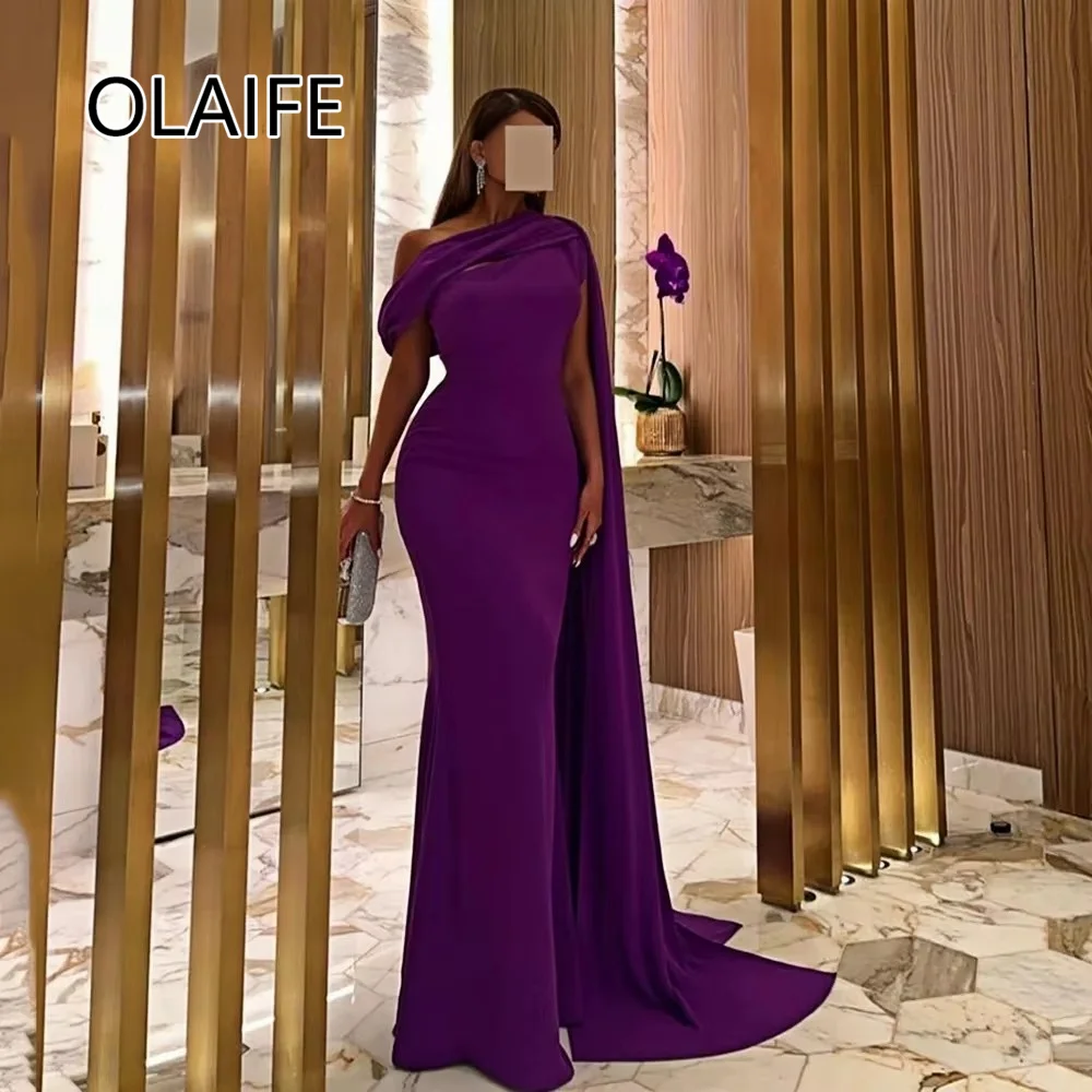 Classic One Shoulder Satin Formal Evening Party Dres Open Back Sheath Sexy Evening Arab Gown with Sweep Trian Customized