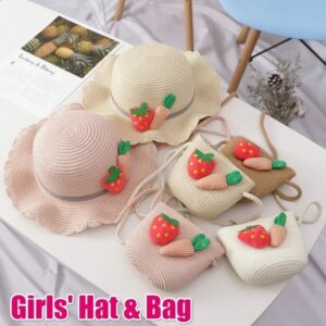 Summer Girl Straw Hat Bag Set Cute Strawberry Cherry Outdoor Beach Hats Cap 2-7Y  Outing All-match Sun Hat + Cute Bag Kid Suit