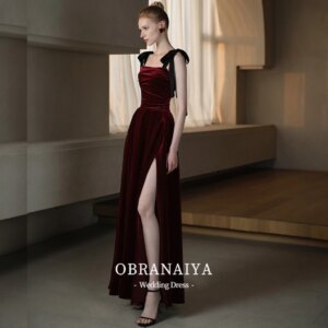 Spaghetti Strap Bridesmaid Dresses Velvet Burgundy Side Split Party Wedding Bride Toast Prom Evening Ball Gowns Luxury