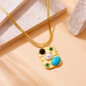 2025 court-style retro stainless steel chain pearl turquoise black agate jade square Pendant necklace for women fashion match jewelry accessory