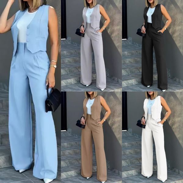 Women's Two Piece Pants Stylish Women Commuting Vest Tops High Waist Wide Leg Spring Summer V Neck Sleeveless Button Regular Work Set