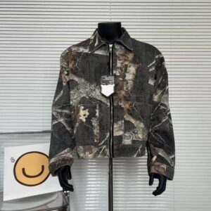 Mens Designer Brand Holiday Series Leaf and Wood Full Print Zipper workwear Short Jacket Jacket for Men and Women