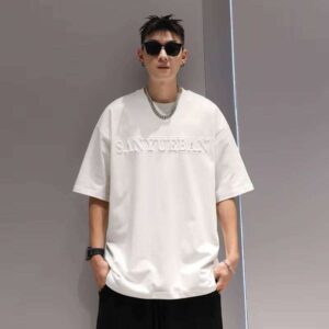100% Cotton Clothing Top T-Shirt 3D Towel Embroidery Short Sleeve O-Neck 240g Fitted
