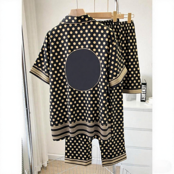 Autumn and Spring Pajamas silk womens home clothing lapel button cardigan 2-piece set womens high-end printed men women pajama