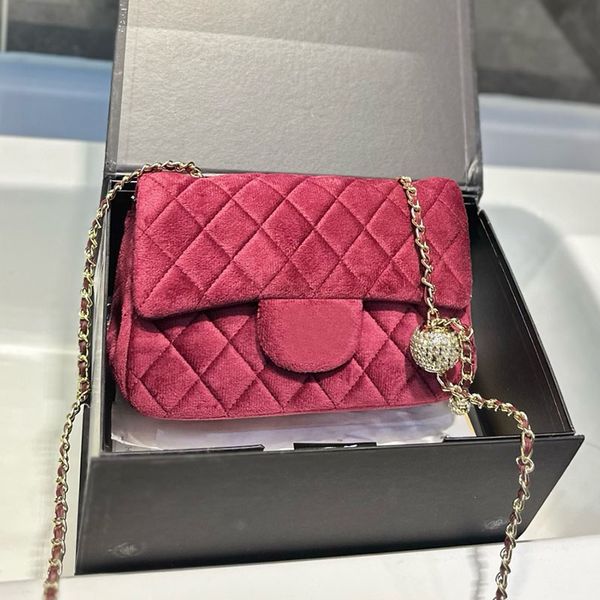 Diamonds Ball Ladies Burgundy Velvet Shoulder Bag Velour Classic Flap Designer Tote Gold Hardware Adjustable Matelasse Chain Key Pouch Crossbody Handbag 17/20cm