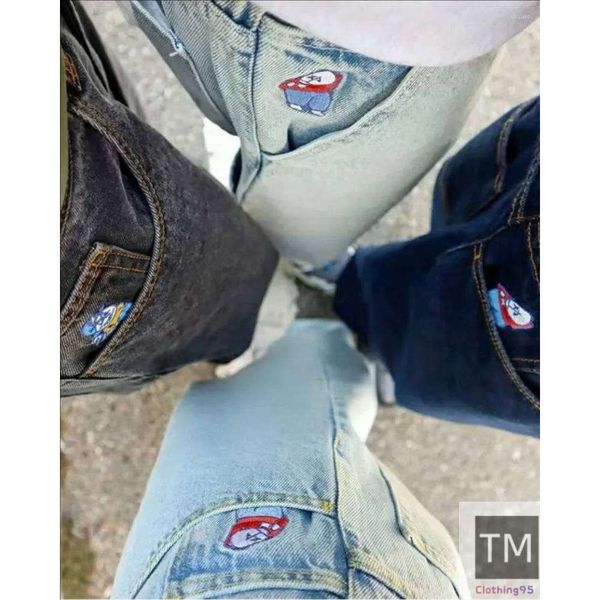 Men's Jeans Big Boy Y2K Pants Trendy Hip Hop Cartoon Embroidery Retro Black Baggy Men Women Skateboard High Waisted Wide Trouser