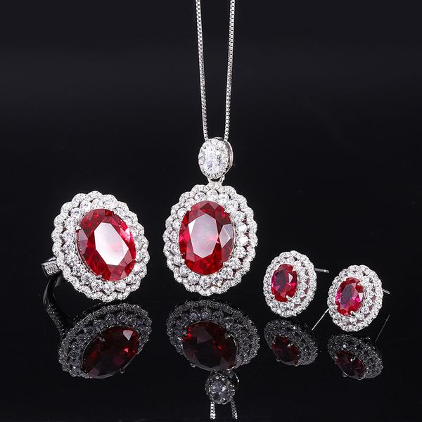S925 Silver Faux Pigeon Blood Ruby Earrings, Ring, Pendant Set, 1216-68 Main Stone Ruby Jewelry, Perfect for Weddings and Special Occasions, Elegant Fashion Design
