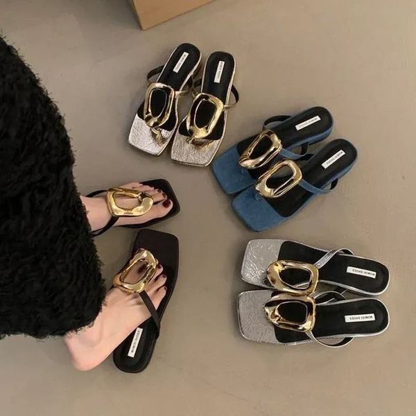Designer sandals luxury gold buckle slippers women's summer elegant square toe sandals luxury sandals ladies dinner party shoes