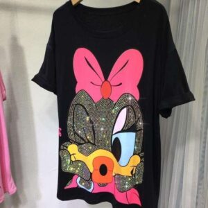 Plus Size 1.0-150kg Fat MM Summer Heavy Embroidered T-Shirt Cute Minnie Loose Short Sleeve Mid-Length Women's Tee
