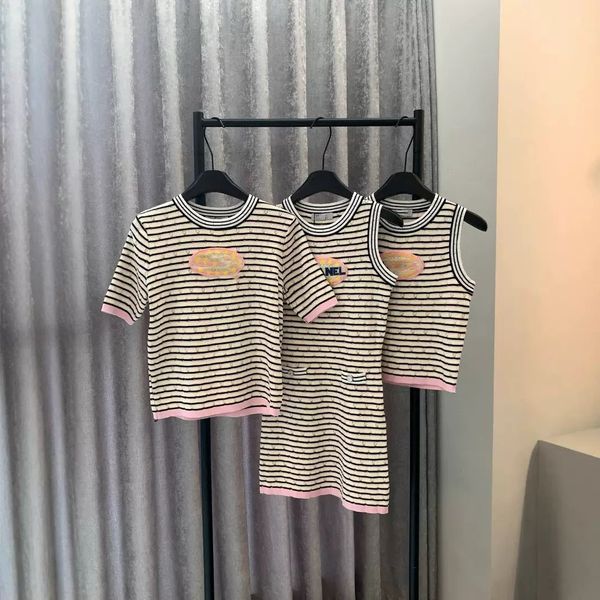 Women's T-Shirt Designer Colorful series striped embroidery contrasting striped knitted tops, vests, dresses