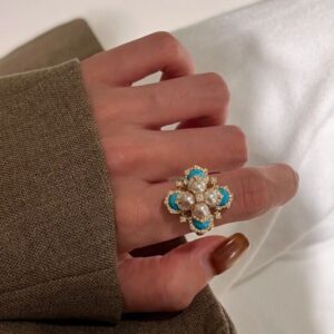 2025 Elegant 18k Gold Plated Eco-friendly Brass Turquoise Pearl Ring Open Size Bands Elegant For Women Fashion Jewelry Present