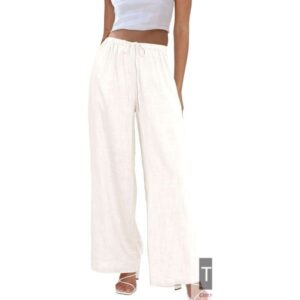 Womens Cotton Linen Palazzo Pants Drawstring Elastic Waist Casual Wide Leg Trousers with Pockets