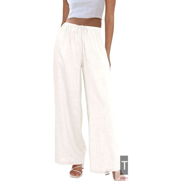 Womens Cotton Linen Palazzo Pants Drawstring Elastic Waist Casual Wide Leg Trousers with Pockets
