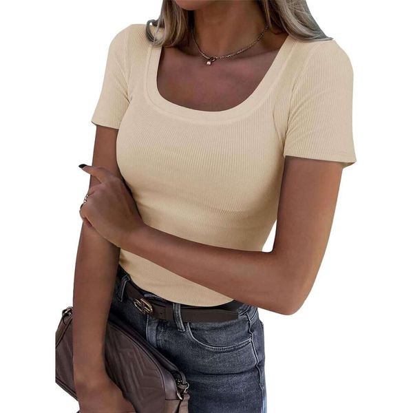 Women's Summer Scoop Neck Short Sleeve T-Shirts Ribbed Knit Slim Fitted Casual Basic Top