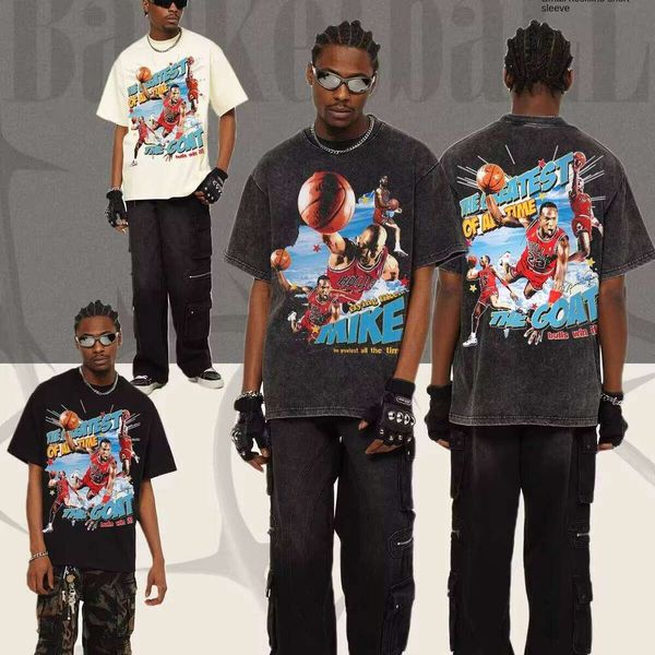 300g American Thick Crew Neck Jacket Men and Women Short Sleeve Casual Printed Small Collar 100% Cotton T-Shirt