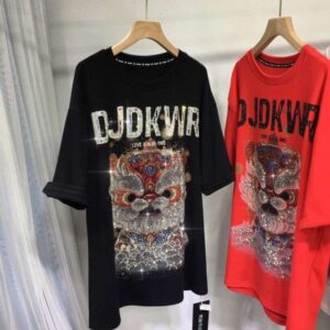 Plus Size Men's Clothing Heavy print Rhinestone Short Sleeve Red Dragon Loose Thickened Brushed Top fashion T-Shirt for men