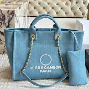 Designer Women Blue Denim Beach Shopping Bag with Top Handle Two-Tone White Letters Pattern Gold Matelasse Chain Large Capacity Shoulder Tote Coin Wallet 38x30cm