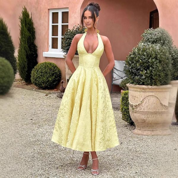 B419 V-neck halter sleeveless jacquard tie waist holiday style dress high-end dress trend