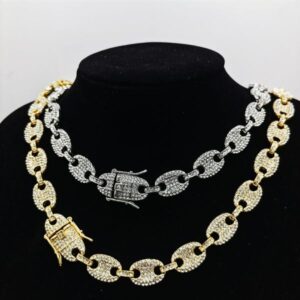 New Hip Hop Iced Out Coffee Bean Link Chain Necklace and Bracelet Set for Men Women Bling Jewelry with Buckle Lock Design Wholesale
