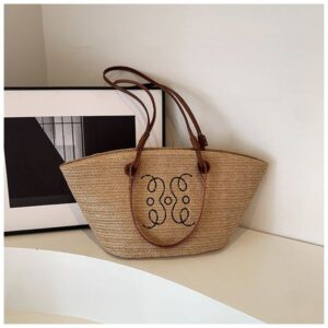 Women's large capacity woven satchel summer beach straw bucket shoulder bag