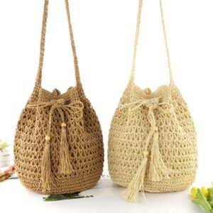High quality women's designer elegant and minimalist new bucket bag retro and practical hollow paper rope grass woven bag crossbody woven beach bag casual