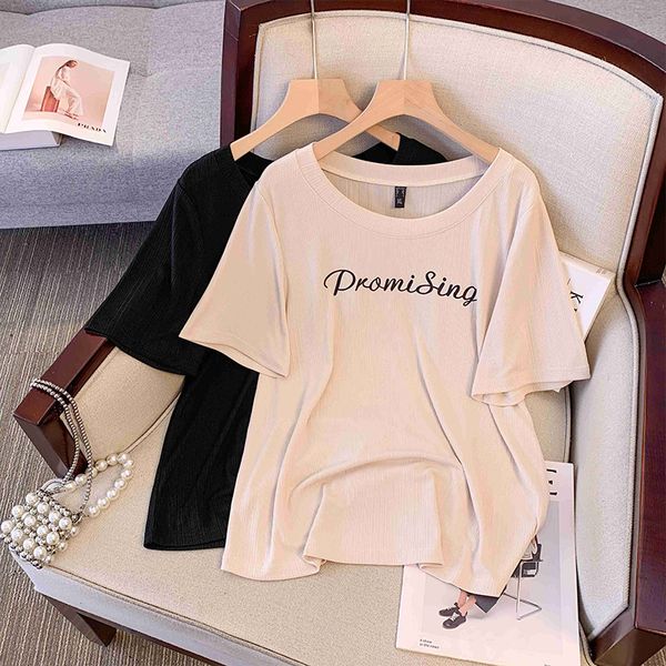 Plus size,silk knitted short sleeved top for women, 200 pounds round neck, printed letters, loose and slimming-shirt 3395