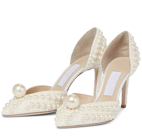 2024 Elegant Bridal Wedding Dress Shoes Sacora Lady High Heel Sandals White Pearls Leather Luxury Brands Heels Women Walking Party Size35-43