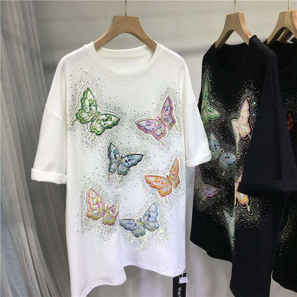 Plus Size t-shirtfashion Heavy Embroidered Men'sClothing Rhinestone Butterfly Round Neck Fashionable Slimming Wholesale Short Sleeve T-Shirt for men