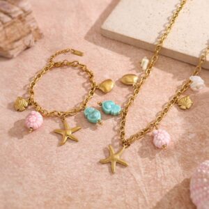 Ocean Inspired Fish & Starfish Titanium Steel Bracelet with Colorful Ceramic Charms, Elegant Necklace for Women