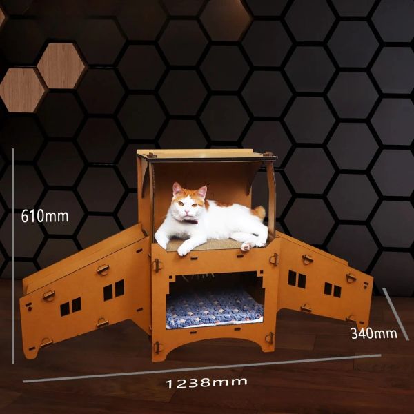 Cardboard House Castle Playground, Multi-Level Cat Hideout Scratcher with Detachable Hanging and Spring Toys