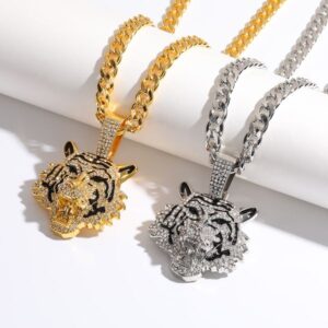 Trendy Men's Full Diamond Cuban Link Chain Necklace, High-End Hip Hop Pendant with Cross and Tiger Design