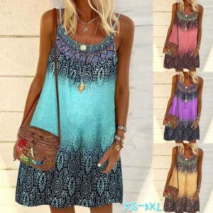 Prom dress for woman Women Summer Spaghetti Strap O-Neck A-Line Mini Swing Dress Boho Vintage Colorful Floral Print Loose Beach Cami Sundress