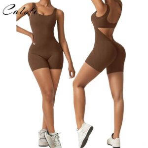 Jumpsuits for Women Sexy Backless One Piece Jumpsuit Yoga Shorts Sleeveless Tummy Control V Back Scrunch Bodycon Romper 8515