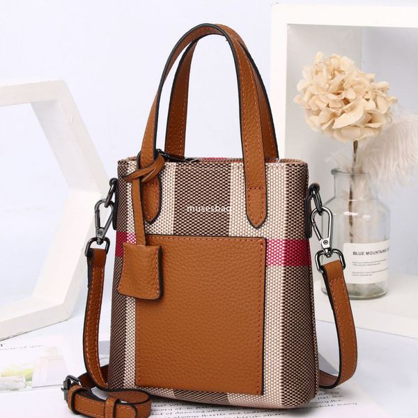 European and American light luxury checkered canvas leather phone case with retro contrasting color large brand mini women's crossbody bag pleated shoulder bag