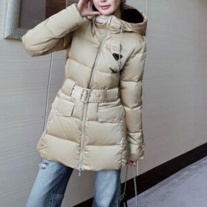 Designer womens Down Coat Classic Inverted Triangle Elastic Belt Waist Slim Fit Hooded Women Long Style Loose Warm Winter Jacket Puffer Coat