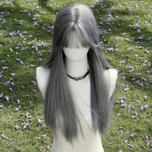 Elastic Rose Net Cap Wig – Silver Grey Synthetic Fiber Straight Long Hairstyle for Cosplay & Parties