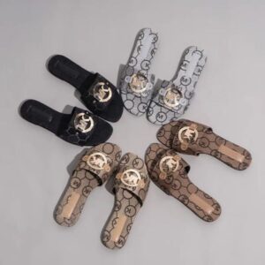 Embroidered Metallic Slide Sandals Designer Slides Women Slippers Fashion Letter Flat Sandal Casual Beach Slipper Flip Flops Female Summer Low Heel Shoes