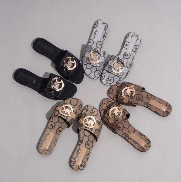 Embroidered Metallic Slide Sandals Designer Slides Women Slippers Fashion Letter Flat Sandal Casual Beach Slipper Flip Flops Female Summer Low Heel Shoes