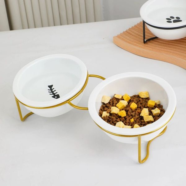 Ceramic bowl, high foot neck protection, double fi bracket, anti knock pet cat and dog food bowl