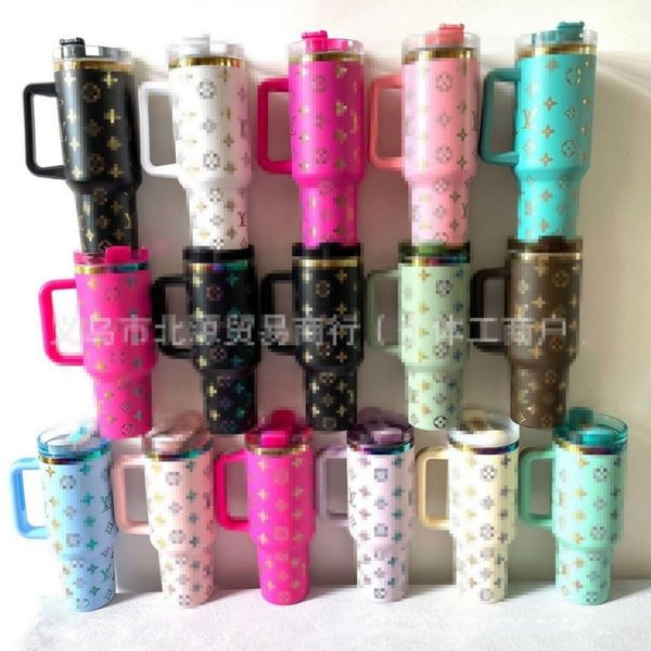 US Warehouse 40oz Designer Tumblers Cat Mugs Tyla Tyger L Letter 40oz Chocolate Gold Mugs With Handle Insulated Tumblers Lids Straw Drinking Water Bottles 0527