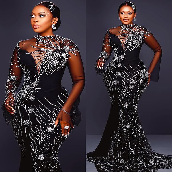 2024 Aso Ebi Plus Size Black Mermaid Prom Dress Beaded Crystals Luxurious Evening Party Second Reception 50th Birthday Engagement Thanksgiving Gowns Dresses ZJ49