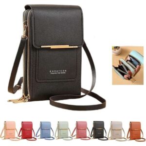 Bag Women Multi-Pockets, Leather Ladies Cross Body Handbags Phone Pouch with Long Strap Zips Card Slots Cellphone Shoulder Bags Coin Purse Wallet Black