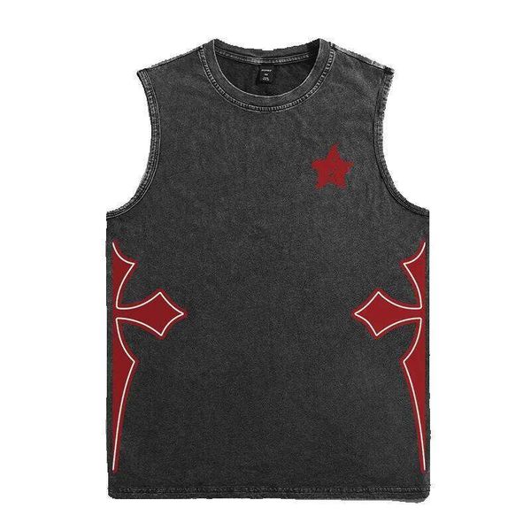 Printed Vest for Men, Washed Sleeveless T-Shirt, Summer Trendy Brand, Round Neck, Loose Fit, Plus Size