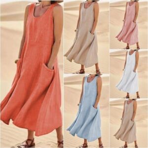 Dress for woman Summer Women Sleeveless designer dress Sundress Elegant Round Neck Cotton Linen Solid Long Tank Dress Vintage Pockets Beach Vestidos