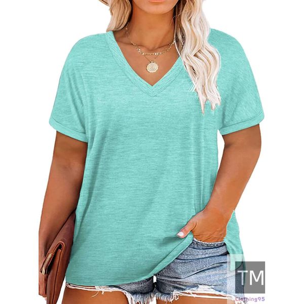 Plus-Size-Womens-Tops V Neck Roll Sleeve T Shirts Summer Side Split Tee