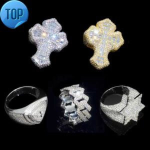 Wholesale 14K 18K Gold Vvs Moissanite Cross Men Iced Out 925 Silver Ring Hip Hop Style Diamond Cuban Link Six-pointed Star Rings