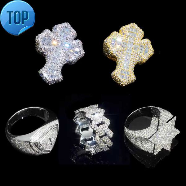 Wholesale 14K 18K Gold Vvs Moissanite Cross Men Iced Out 925 Silver Ring Hip Hop Style Diamond Cuban Link Six-pointed Star Rings