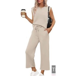 Two Piece for Women Casual Travel Vacation Outfits Summer Wide Leg Crop Pants Lounge Sets